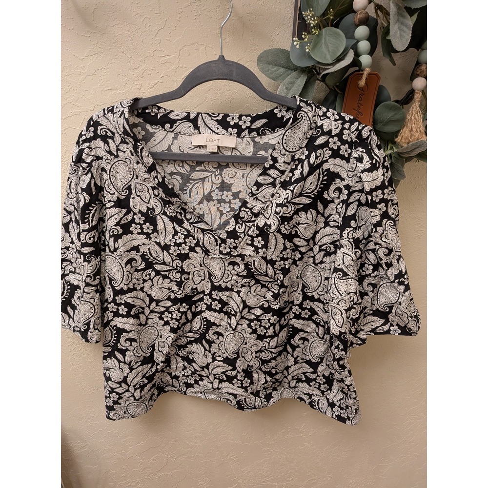 LOFT Womens XL Black White Paisley Floral V-Neck Elbow Sleeve Blouse Top